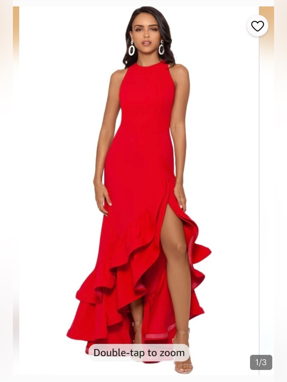 Betsy & Adam Vibrant Red Ruffled High-Slit Maxi Dress